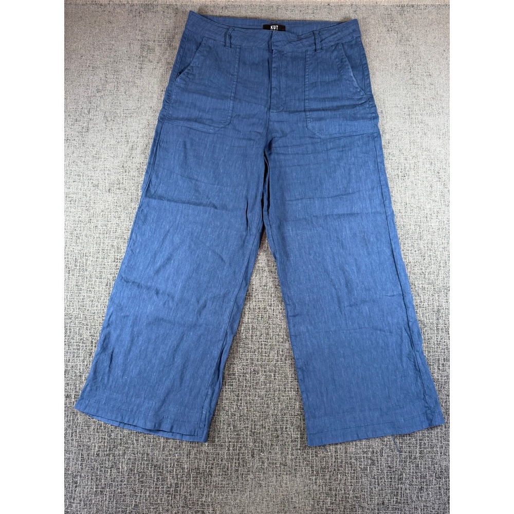 KUT from the Kloth Topaz Wide Leg Blue Linen Blend Pants High Rise Size 8